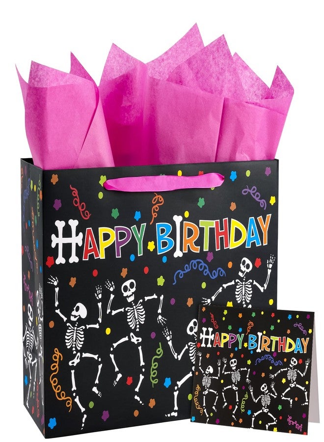 WRAPAHOLIC Skeleton Birthday Gift Bags with Tissue Paper and Card - 10 x 5 x 13 inch - Colorful Skeleton Happy Birthday Paper Bags for Kids Girls Boys, Halloween - Image 1